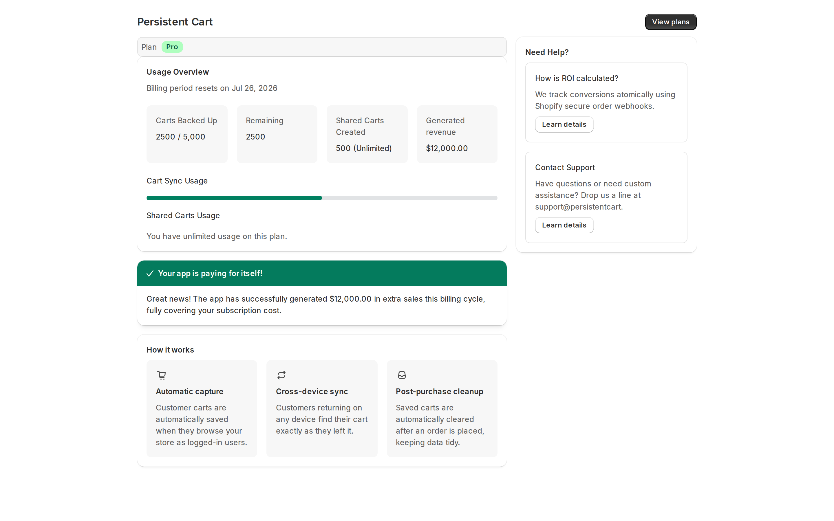 Persistent Cart dashboard inside Shopify Admin: cart sync usage, shared carts, and recovered-order figures